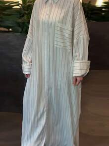 Women's Loose Casual Long Sleeve Collared Long Striped Shirt Dress, Striped Front Button-Down, Daily & Date - White - View 4