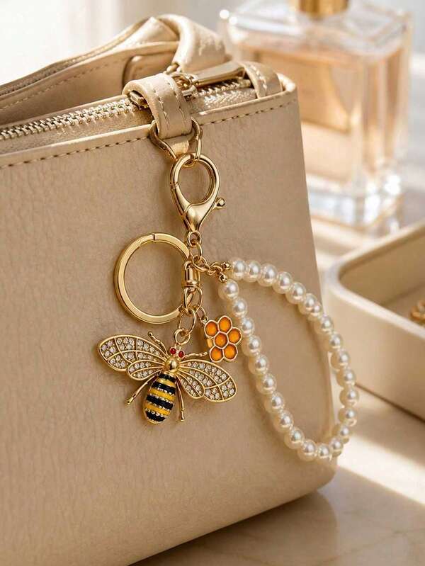 Cute Bee-Shaped Rhinestone Keychain With Beaded Bag Charm, Shiny Rhinestone Bee Alloy Keychain Pendant, Silver-Tone Bee Keychain With Pearl Wrist Strap, Honeycomb Pendant Key Ring, Creative Bag And Car Charm, Car Key Accessory, Cute Honeycomb Decoration, Fun Animal Pendant, Car Key Or Bag Accessory, Y2K Style, Suitable For Handbags, Wallets, Backpacks And Car Key Decoration, Ideal Gift For Women, Girls And Teens For Birthday, Valentine's Day, Back To School, Halloween, Teacher's Day, Christmas And Holidays