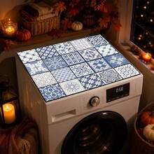 Luckybutterfly Blue & White Mosaic Floral Print Washing Machine Cover Mat, Anti-Slip Wear-Resistant Dust-Proof Countertop Protector Pad, Home Laundry Room Decorative Mat - Multicolor - View 8