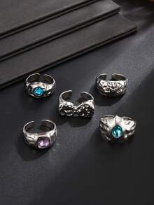 5 piezas de anillos de metal geométricos líquidos de moda hip hop punk, con incrustaciones de strass, anillos ajustables para los nudillos - Plateado - Ver 2