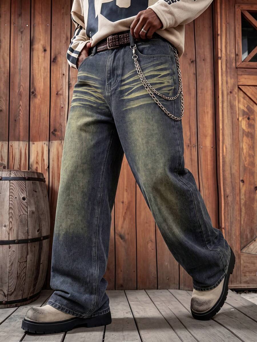 Men's Washed Loose Straight Leg Jeans, Vintage Distressed Cat Whisker Effect, Draping Slimming Versatile Casual Denim Pants (Belt Not Included) - Navy Blue - View 1