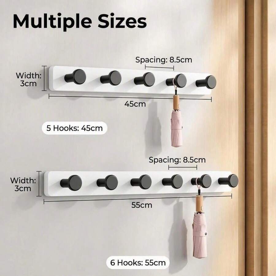 Wall-Mounted Coat Hooks For Storage; One Row Of Hooks; White. ;Rustic Large Coat Rack Wall Mount-9.8-15.9'' Long Coat Rack For Wall, Wood Coat Rack Hook, Farmhouse Coat Hanger Wall Mount For Hanging Jacket Coat - White Wooden Board and Black Hooks - View 1