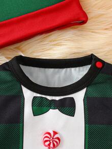 Christmas Newborn Baby Boy & Girl Cute Cartoon Green Plaid Print Long Sleeve Infant Romper + Hat 2 Pieces Set, Spring & Autumn - Green - View 4