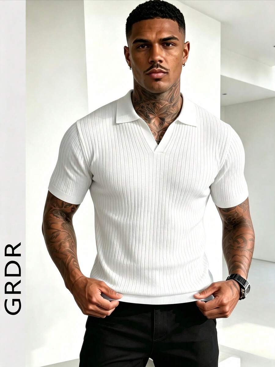 GRDR 男士夏季纯色 Polo 领短袖针织衫，适合夏季外出穿着，时尚造型必备单品