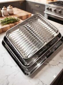 1pc/2pcs Stainless Steel Baking Pan With Rack, Oven Set, Suitable For Roasting Meat, Baking Vegetables, Cooling Pastries, Baking, Catering Baking Pan, Stainless Steel Baking Pan With Rack, Suitable For Home Use - View 1