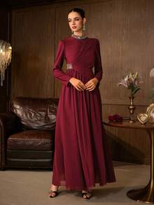 Elegant Women's Burgundy Formal Dress With Beaded Stand Collar, Long Sleeves And Flared Hem, Suitable For Charming Evening Events - Burgundy - View 4