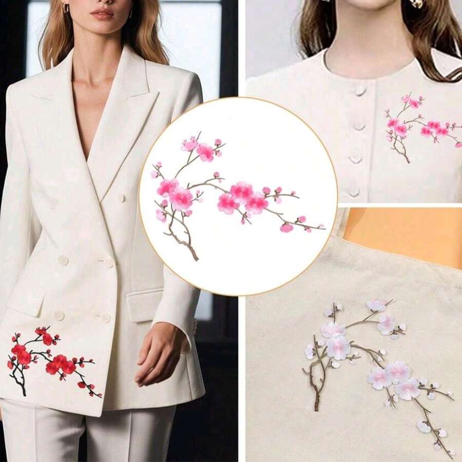 1PC/2PCS Plum Blossom Embroidered Patch, Winter Plum Embroidered Patch - White, Red, Pink And Brown Tones - Perfect For DIY Projects And Clothing Accessories - Multicolor - View 1