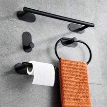 5pcs Stainless Steel Bathroom Towel Ring, Towel Bar, Bathroom Hook Set, Bathroom Storage Rack, Toilet Paper Holder, Storage Hook For Hotel - Square Bottom Nail-free - View 2