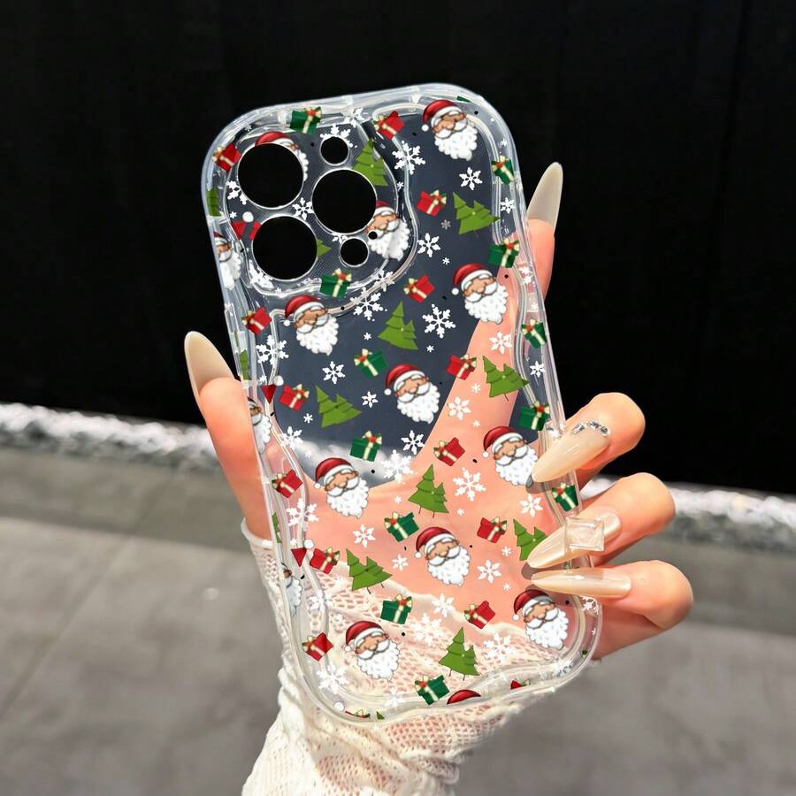 Full Print Santa Claus & Christmas Tree Transparent Shockproof TPU Phone Case Compatible With Iphone 12/13/Pro 14/15/16/17 Pro Max And Galaxy S23/24/25/Ultra, Wavy Edge Design, Fashionable Holiday Gift For Men And Women - Clear - View 1