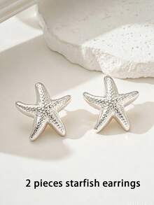 2-12 piezas Pendientes de estrella de mar y concha plateados, adecuados para usar en verano, viajes y vacaciones - Plateado - Ver 10