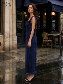 Navy Blue| Women's Elegant Navy Blue Sequin Mesh Ruffle Trim Bodycon Maxi Dress - 藍色 - 查看 3