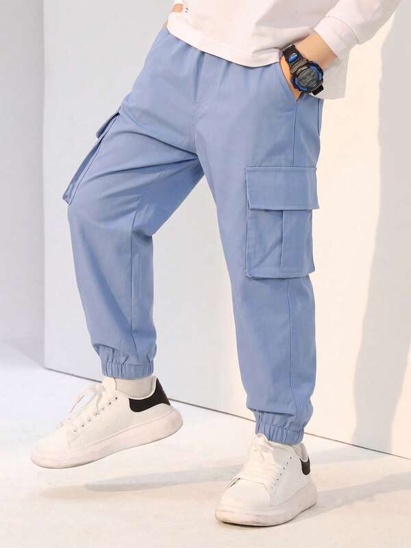 Boys' Teenager Minimalist Classic Casual Cargo Joggers, Multi-Pocket Sports Long Pants, All-Season Streetwear Campus Versatile