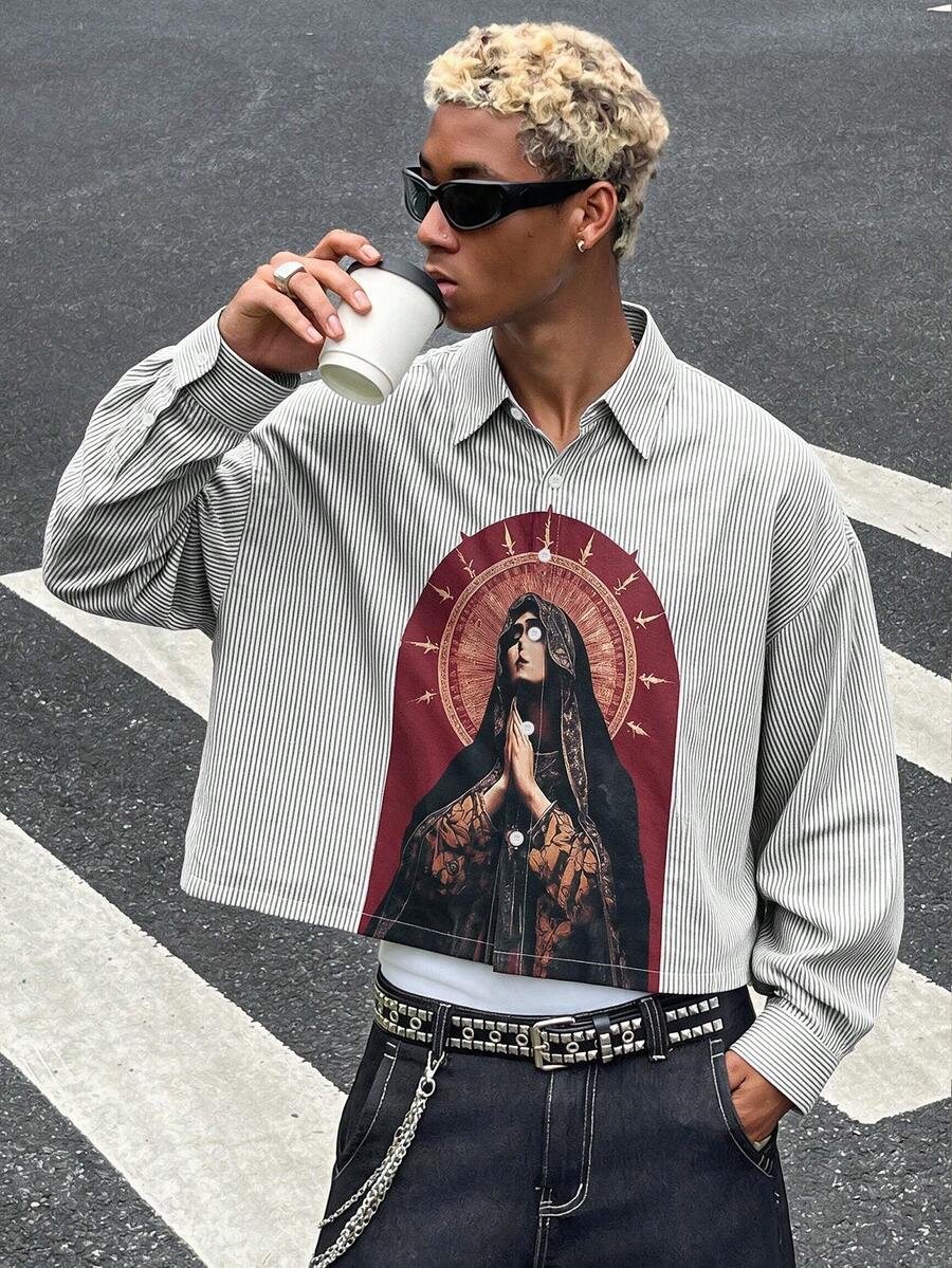 HOMIIE Men's Striped Long Sleeve Shirt, Vintage Character Heat Transfer Print, Button-Up Casual Streetwear Top, Suitable For Daily Wear, Vacation And Back To School - Black - View 1