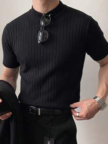 Solid Color Half-High Neck Vertical Stripe Short Sleeve Knit Pullover Top Men's Casual Slim Fit - Black - View 1