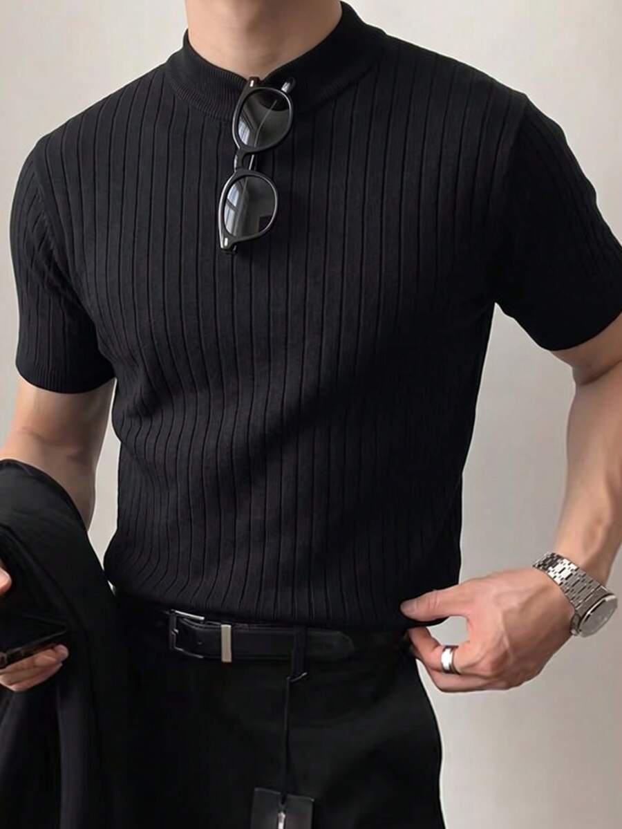 Solid Color Half-High Neck Vertical Stripe Short Sleeve Knit Pullover Top Men's Casual Slim Fit - Black - View 1