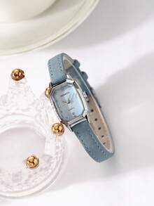 1pc Women's Small Square Watch, Vintage Minimalist Fashion Versatile Quartz Wristwatch, Commuter Versatile Women's Watch - Blue - View 2