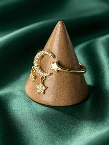 1pc Moon & Star Tassel Zirconia Inlaid Design Ring, Saudi Arabia National Day Celebration Jewelry, Elegant Accessory For Middle Eastern Women - Yellow Gold - View 4