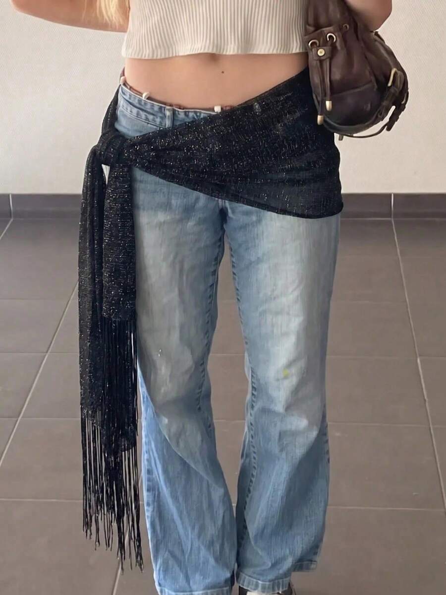 1pc Street Casual Fashion Sequin Tassel Women's Scarf Waist Wrap, Y2K Lightweight Breathable Draping, Can Be Used As Outerwear Shawl, Veil, Headpiece, Multi-Season Versatile, Suitable For Outdoor Music Festivals, Beach Vacations, Back To School Campus Parties - Black - View 1
