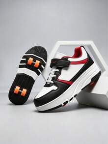 BLSART 1 par de patines de 4 ruedas con bloques de color y patchwork para niños, con cierre de gancho y bucle, suela gruesa antideslizante, ruedas desmontables 2 en 1 de doble uso, zapatos deportivos con ruedas para patinar casual al aire libre para niños - Negro - Ver 9
