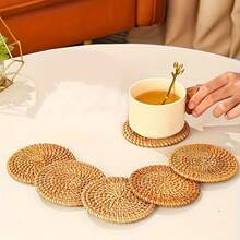 1/6pcs Handmade Rattan Coasters - Autumn Vine Pattern, Heat-Resistant Kitchen & Dining Coasters, Wooden Tea Set Storage Accessories, With 1 Woven Storage Accessory, Designed For Kung Fu Tea, Can Be Used As Heat Insulation Pads, Great Home Gift - Brown - View 9