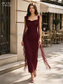 Burgundy| Women's Elegant Burgundy Sequin Mesh Ruffle Trim Bodycon Maxi Dress - 酒紅色 - 查看 7