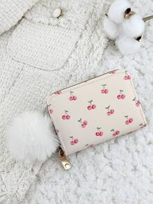 Ladies' Cherry Print Zipper Credit Card Clip Bag, Featuring A Stylish Pom Pom Accent, Card Short Wallet, Multi Slot Coin Wallet - White - View 5