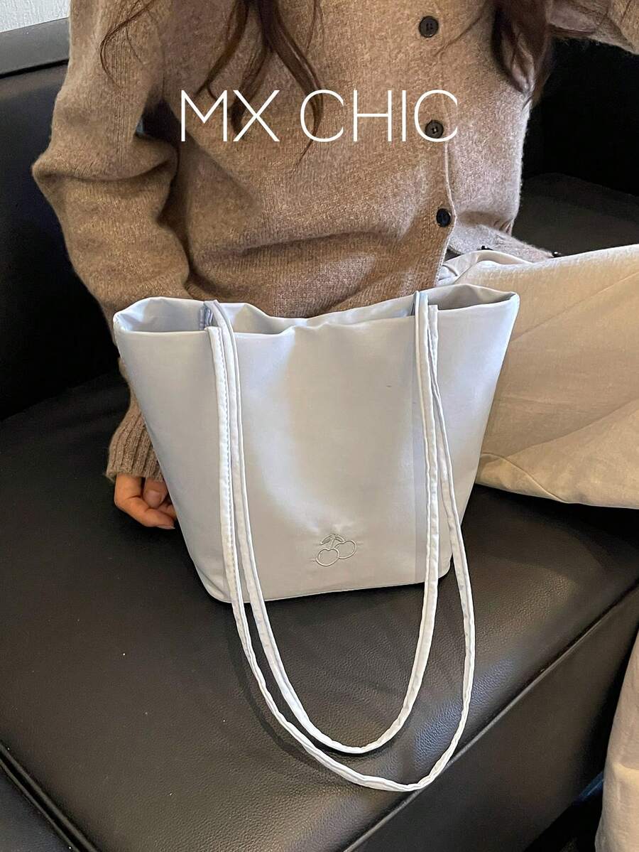 1件女款拼色尼龍肩背托特包，時尚大容量五星裝飾，適合購物、度假與旅行 - 藍色 - 查看 1