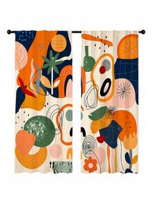2Pcs Abstract Geometric Art Curtains, Modern Style Color Block Asymmetrical Line Print Pattern, Semi-Sheer Rod Pocket Curtains, Suitable For Living Room And Bedroom, Rod Not Included - Multicolor - View 10