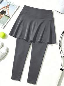 Plus Size Women's High Waist Leggings, 2-In-1 Skorts, With Inner Pockets, Capri Length Yoga Pants, Suitable For Sports, Tennis And Golf - Dark Grey - View 7