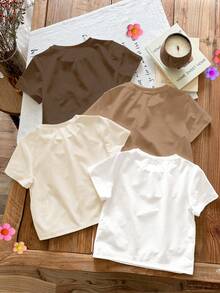 4pcs Cream & Beige Vintage Letter Graphic Round Neck Short Sleeve Basic T-Shirts - Multicolor - View 2