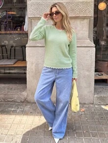 Nicenter Women's Autumn/Winter Casual Minimalist Mint Green Wool Blend Crew Neck Ruffle Trim Long Sleeve Ribbed Knit Sweater, Elegant For Office, Daily Wear, Home And Dating - Mint Green - View 7