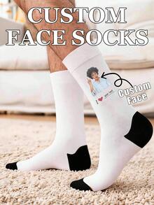 Custom Face & Text Mid-Calf Socks, Personalized Upload Photo Cartoon Image With Customized "I Love" Text Print, Novelty Fun Gift - Multicolor - View 1