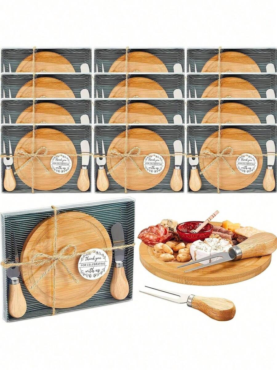 12 Sets Round Cheese Board Sets, Wooden Mini Cheese Boards With Gift Boxes, Perfect For Weddings, Housewarmings, Birthdays, Baby Showers, And Holiday Party,Guests Wedding Gifts - 彩色 - 查看 1