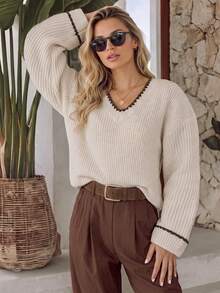 NiceArt Women's Autumn Oatmeal Color Mixed Wool Blend V-Neck Contrast Wave Trim Long Sleeve Loose Ribbed Knit Pullover Sweater, Neutral Soft Casual - Khaki - View 11