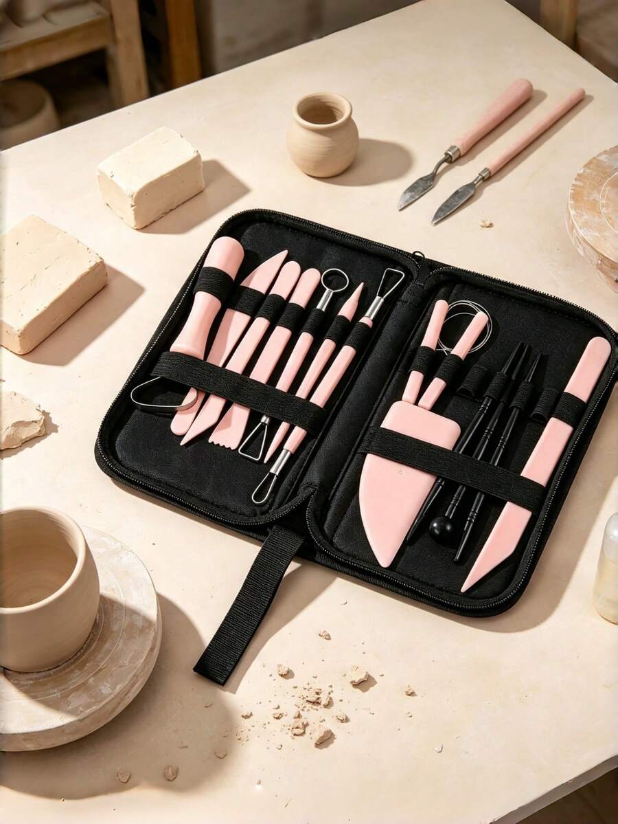 15Pcs Pink Pottery Clay Sculpting Tools Set With Storage Case Stainless Steel For Carving Modeling Crafts - Multicolor - View 1