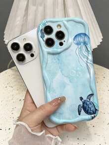 1pc Fashionable Shell & Starfish Glossy Print Thick Anti-Drop Phone Case, Compatible With Apple Series And Series - Baby Blue - View 4