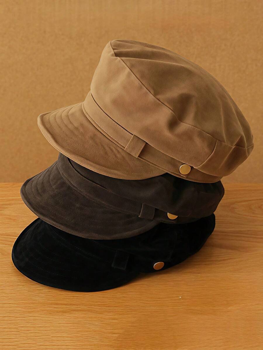 1pc Women's Vintage Faux Suede Octagonal Newsboy Cap, Gold Button Flat Top Baker Boy Hat, Suitable For Autumn/Winter Outfits - A - View 1
