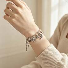 1pc Vintage Gothic Distressed Antique Silver Bracelet With Tree Of Life, Star, Moon, Sun, Feather Symbol Pendant, Adjustable Extension Chain For Various Wrist Sizes, Suitable For Women's Daily Wear - Silver - View 3