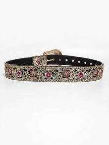 女款花卉刺繡水鑽西式腰帶，黑色波希米亞復古牛仔女郎腰帶 - 黑色-金色刺繡 - 查看 4