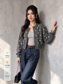 SUNSTORY Autumn Grey Polka Dot Round Neck Short Knit Cardigan, Dropped Shoulder Long Sleeve Single-Breasted Sweater Jacket, Casual Basic Denim Style, Suitable For Commuting, Outings, Daily Wear - Dark Grey - View 8