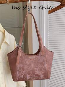 Dark Textured Plum Blossom Print Tote Bag, Large Capacity For Books And Laptop, Adjustable Shoulder Strap, Zipper Closure, Artistic New Chinese Style, Shoulder Bag For Daily School, Commute, Work And Outdoor Travel - Pink - View 5