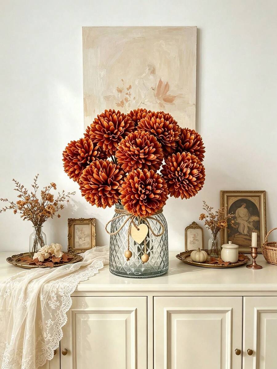 3/12pcs Artificial Chrysanthemum Balls, Hydrangea Balls, Wedding Decoration, Home Vase, Restaurant, Living Room, Bedroom, Bridal Bouquet, Birthday Party Decoration, New Year Valentine's Day Gift, Autumn Decoration, Back To School Room Decoration - Burnt Orange - View 1