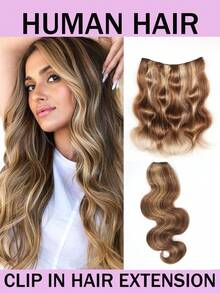 Highlight #4/27 Body Wave One Piece Clip In Hair Extensions Brazilian Human Hair 5 Clips Inner Layer Hidden Human Hair Extensions - S4/27 - View 1