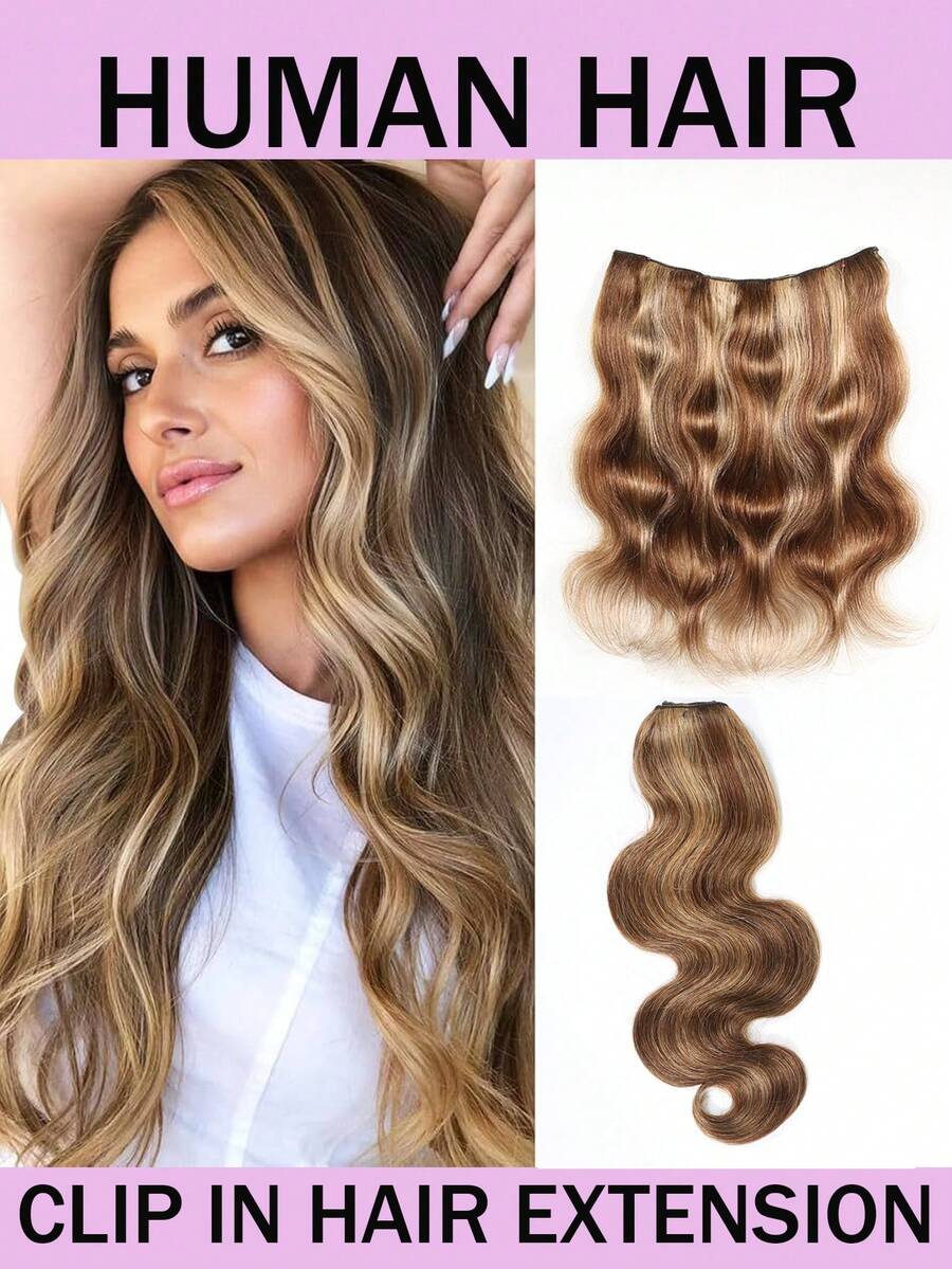 Highlight #4/27 Body Wave One Piece Clip In Hair Extensions Brazilian Human Hair 5 Clips Inner Layer Hidden Human Hair Extensions - S4/27 - View 1