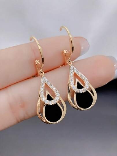 1 Par de Brincos Elegantes com Design de Gota de Água Oca Dourada, Brincos com Pingente de Lágrima Preta, Presente Ideal para Aniversário, Aniversário, Casamento, Festa Noturna, Joias Femininas