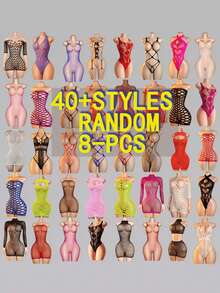 Plus Size Sexy Lingerie Set, Random 40pcs Select 8pcs Combination, Random Color, Women's Sexy Mesh Dress, Hollow Design, Open Crotch Bodycon Jumpsuit, Sexy Fishnet Strappy Lingerie - Multicolor - View 6