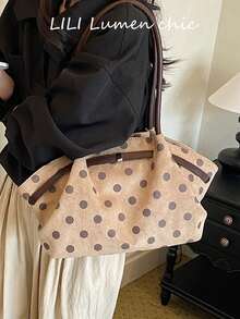 Polka Dot All-Over Print With Leather Patchwork Detail Decoration, Large Compartment For Storing Various Items, Vintage Style Handbag For Women, Shopping, Commuting And Travel, Long Handle Design, Simple Large Capacity Tote Bag - Khaki - View 4