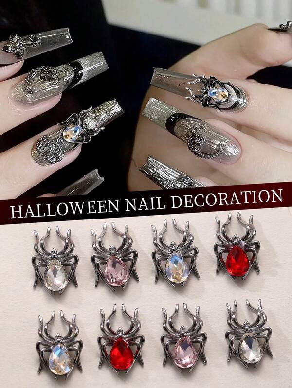 10pcs Halloween 3D Spider Nail Art Decorations, Suitable For Nail Design, Red Pink White Nail Art Decor, Nail Salon Accessories, Gothic Atmosphere Nail Supplies, Perfect For DIY Nails And Nail Salon Use, Nail Gems Nail Materials