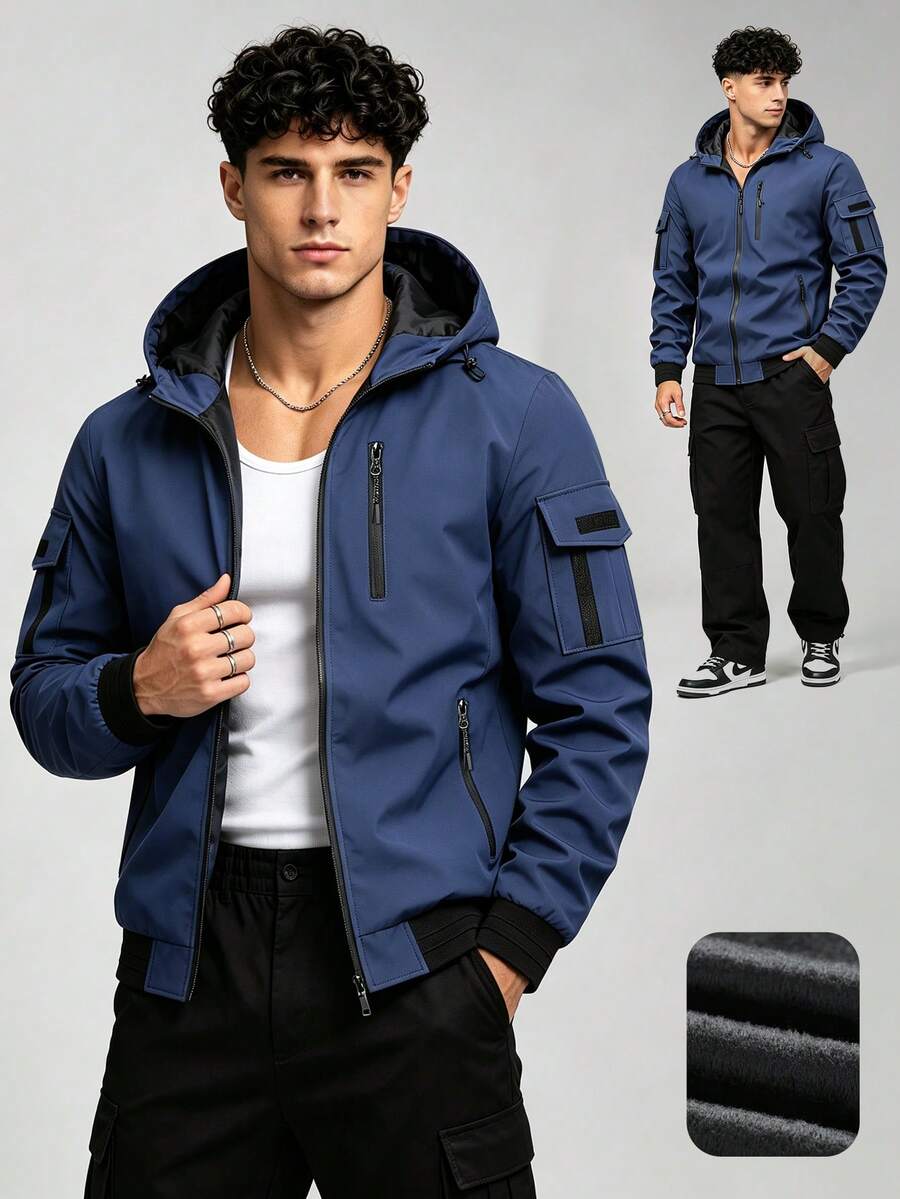 Men's Outdoor Casual Sports Multi-Pocket Hooded Thickened Shell Zipper Softshell Jacket, Suitable As Gift For Boyfriend, Husband, Father - Royal Blue - View 1