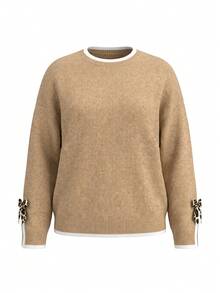 Plus Size Women Spring Autumn Khaki Spliced Leopard Print Bow Decor Contrast Trim Sweater With Split Cuffs - Khaki - View 8